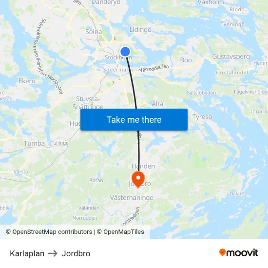 Karlaplan to Jordbro map