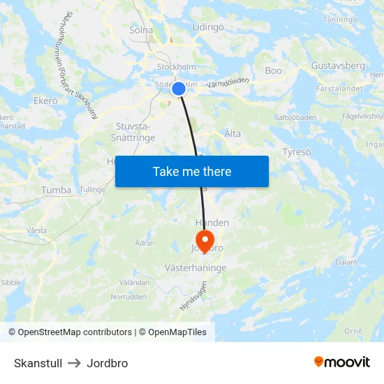 Skanstull to Jordbro map