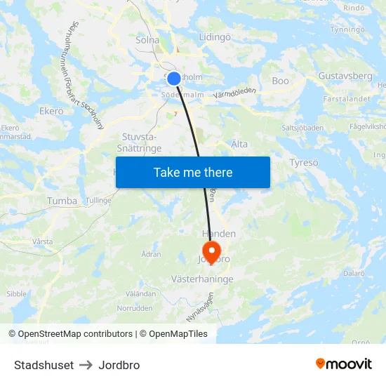 Stadshuset to Jordbro map
