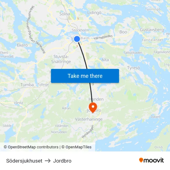 Södersjukhuset to Jordbro map