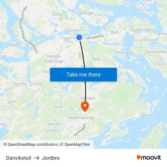 Danvikstull to Jordbro map