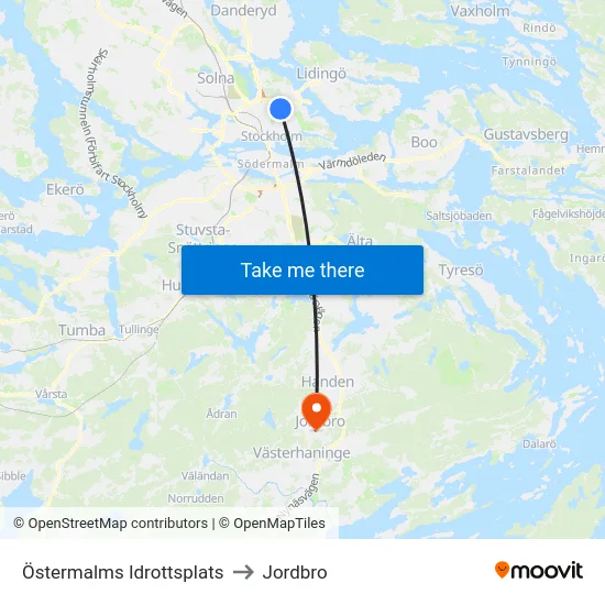 Östermalms Idrottsplats to Jordbro map
