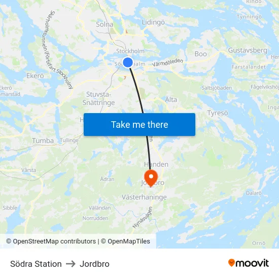Södra Station to Jordbro map