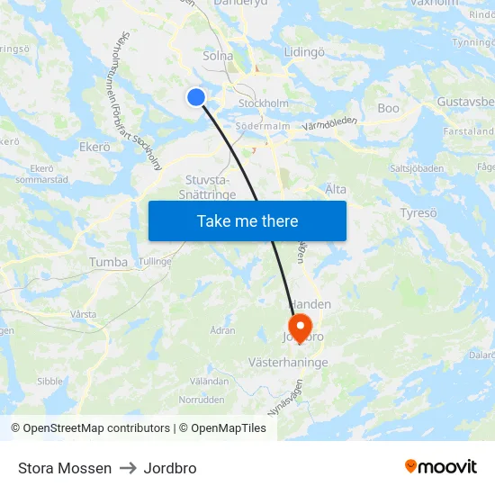 Stora Mossen to Jordbro map