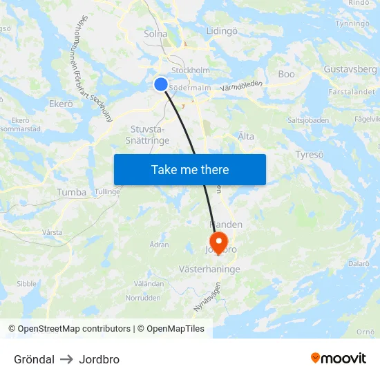 Gröndal to Jordbro map