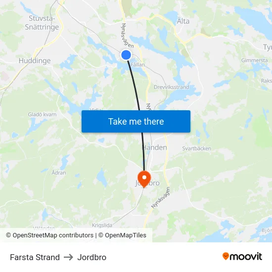 Farsta Strand to Jordbro map
