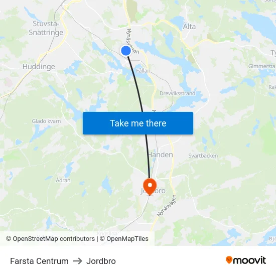 Farsta Centrum to Jordbro map