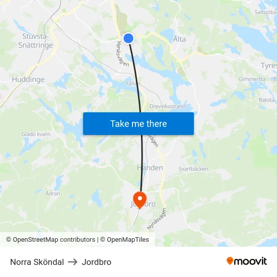 Norra Sköndal to Jordbro map