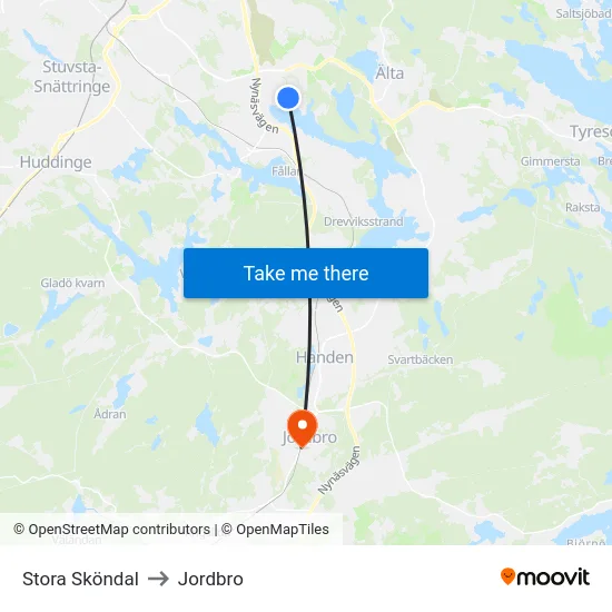 Stora Sköndal to Jordbro map
