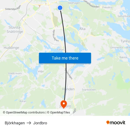 Björkhagen to Jordbro map