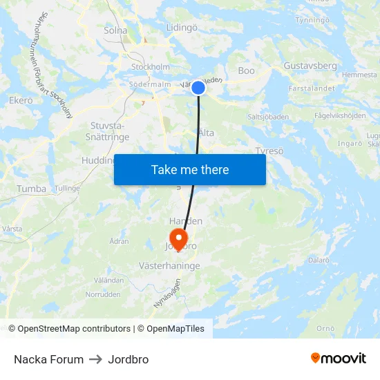 Nacka Forum to Jordbro map