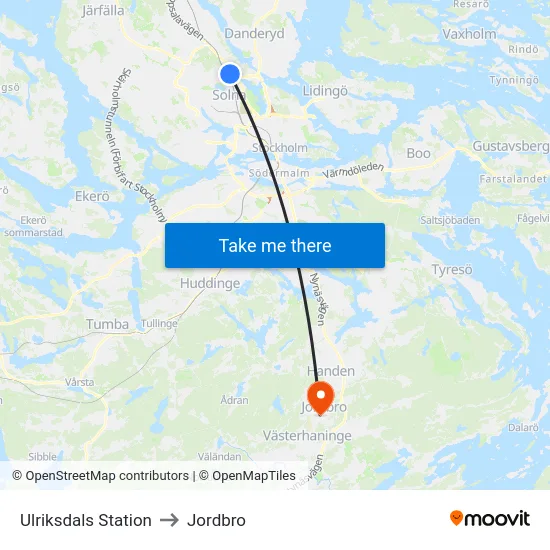Ulriksdals Station to Jordbro map