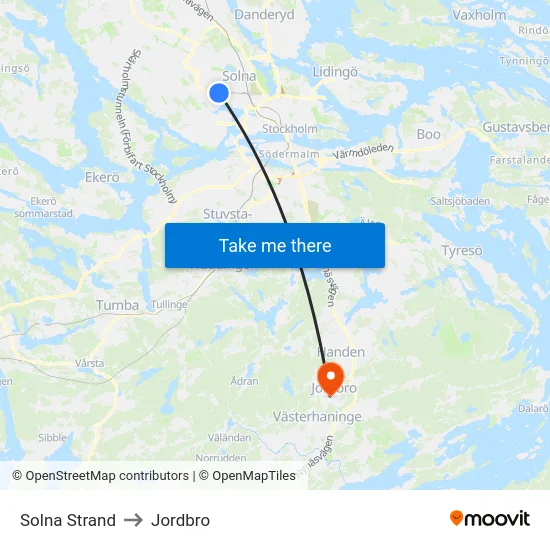 Solna Strand to Jordbro map