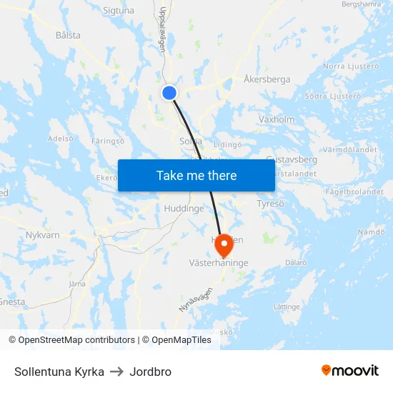 Sollentuna Kyrka to Jordbro map