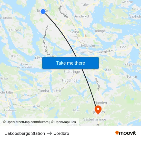 Jakobsbergs Station to Jordbro map