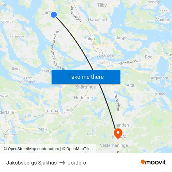 Jakobsbergs Sjukhus to Jordbro map
