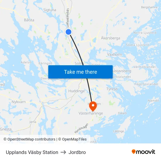 Upplands Väsby Station to Jordbro map