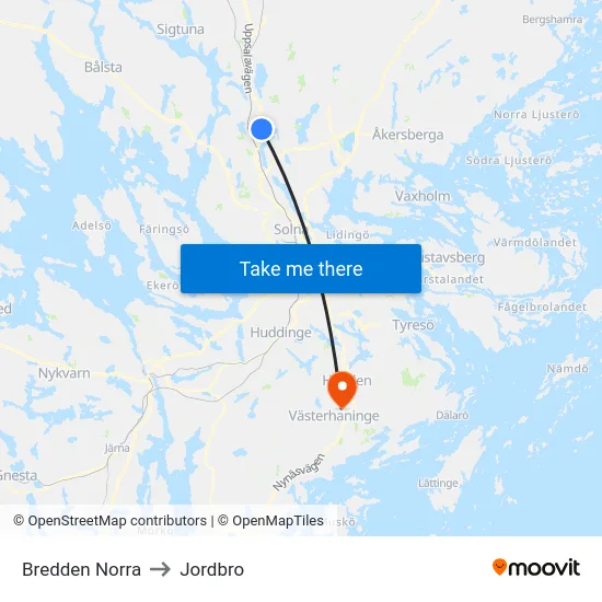 Bredden Norra to Jordbro map