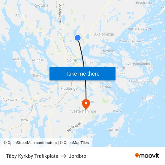 Täby Kyrkby Trafikplats to Jordbro map