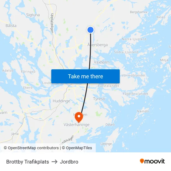 Brottby Trafikplats to Jordbro map