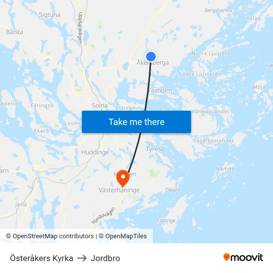 Österåkers Kyrka to Jordbro map
