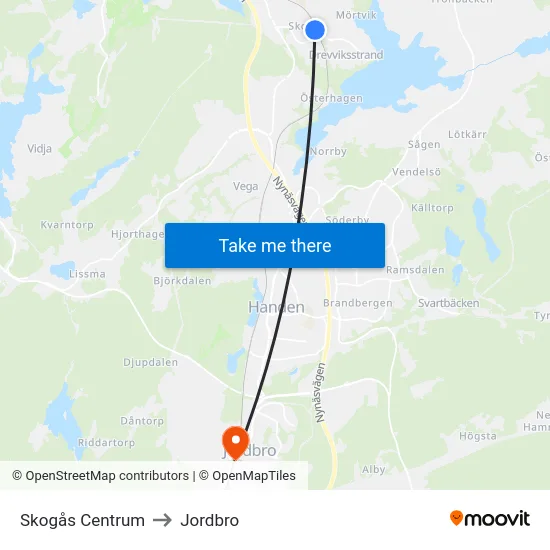 Skogås Centrum to Jordbro map