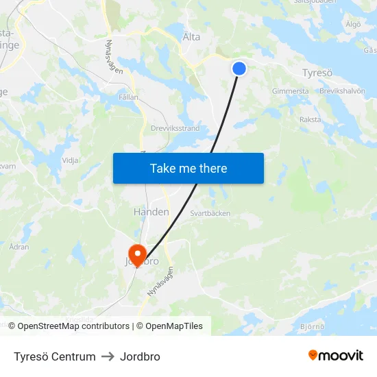 Tyresö Centrum to Jordbro map