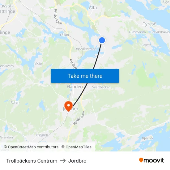 Trollbäckens Centrum to Jordbro map