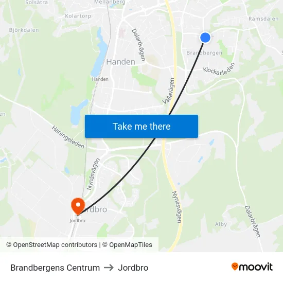 Brandbergens Centrum to Jordbro map