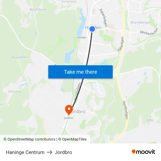 Haninge Centrum to Jordbro map