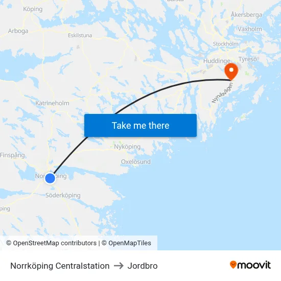 Norrköping Centralstation to Jordbro map