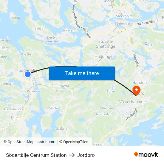 Södertälje Centrum Station to Jordbro map
