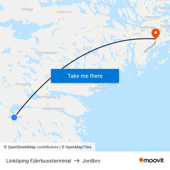 Linköping Fjärrbussterminal to Jordbro map