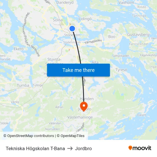 Tekniska Högskolan T-Bana to Jordbro map