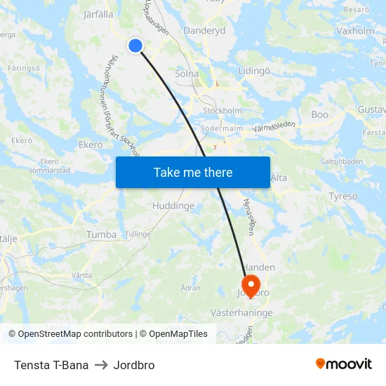 Tensta T-Bana to Jordbro map