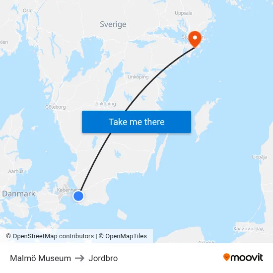 Malmö Museum to Jordbro map