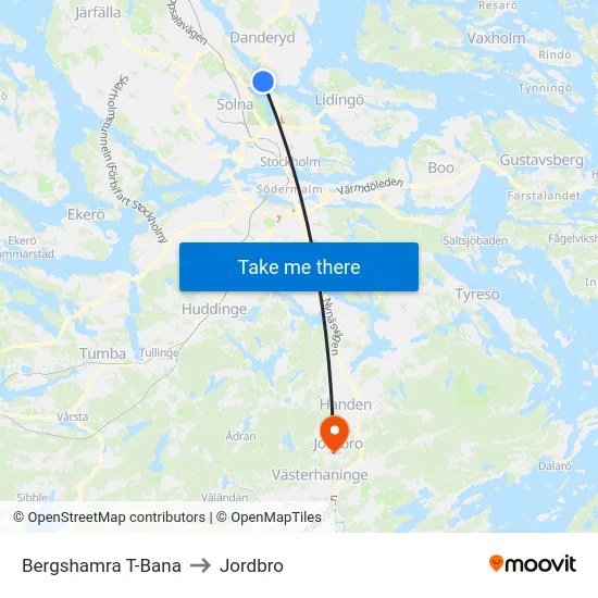 Bergshamra T-Bana to Jordbro map
