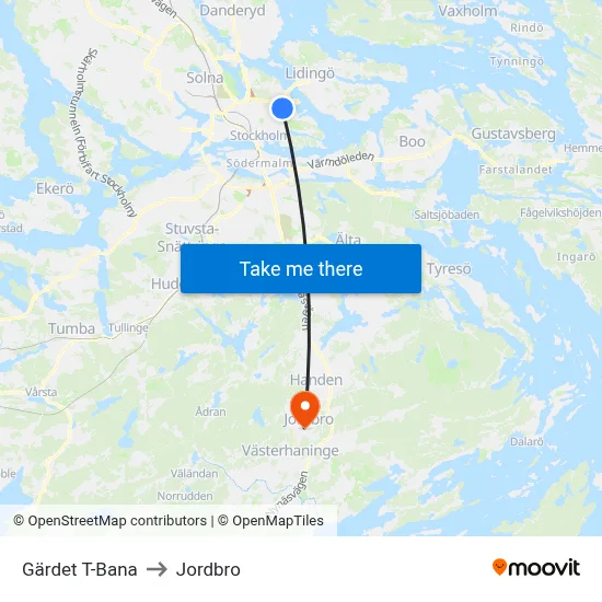Gärdet T-Bana to Jordbro map