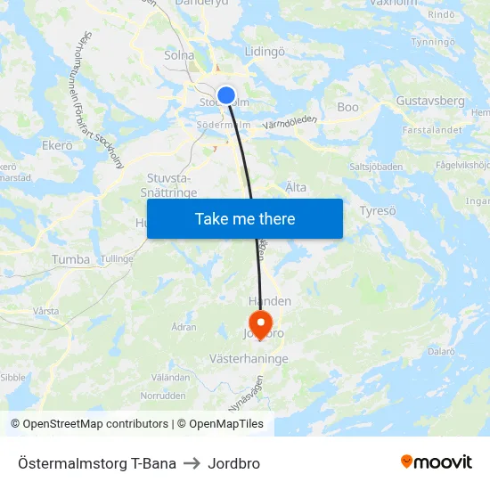 Östermalmstorg T-Bana to Jordbro map