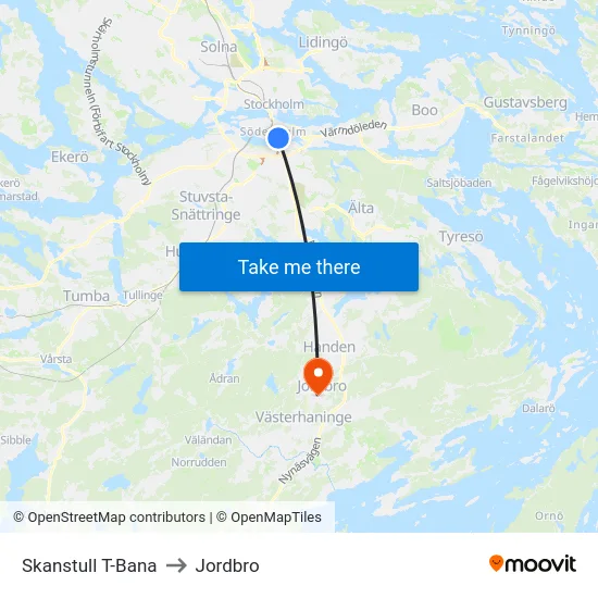 Skanstull T-Bana to Jordbro map