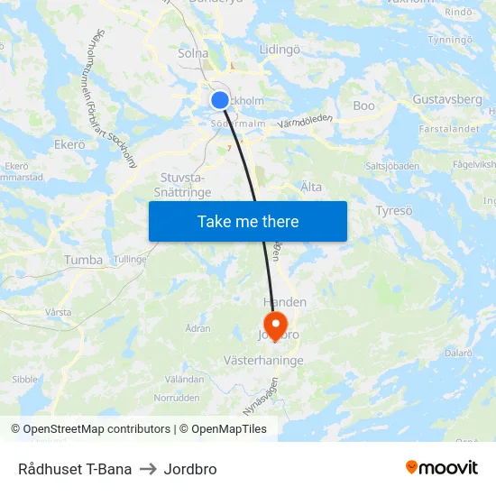 Rådhuset T-Bana to Jordbro map