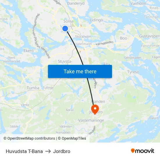 Huvudsta T-Bana to Jordbro map