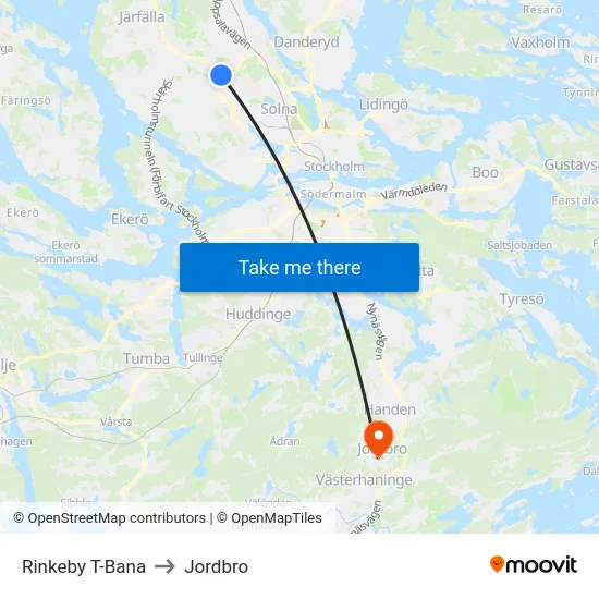 Rinkeby T-Bana to Jordbro map