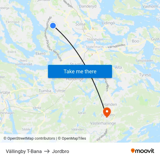 Vällingby T-Bana to Jordbro map