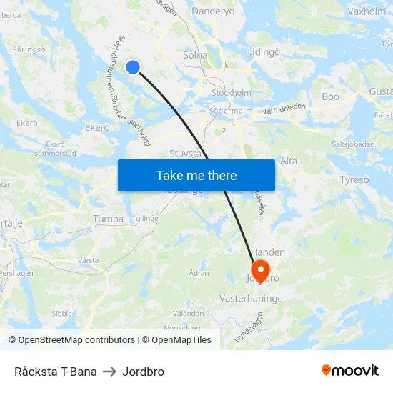 Råcksta T-Bana to Jordbro map