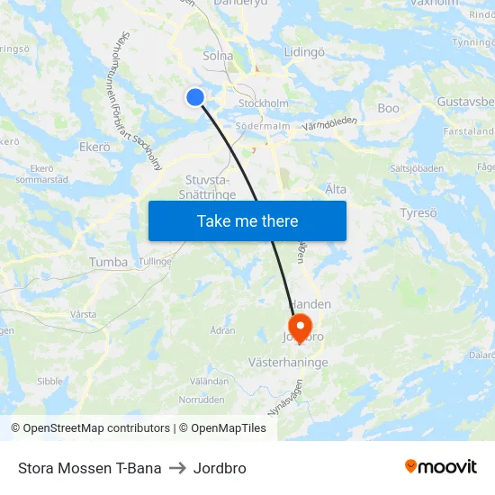 Stora Mossen T-Bana to Jordbro map