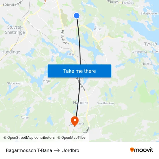 Bagarmossen T-Bana to Jordbro map