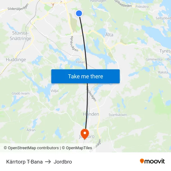 Kärrtorp T-Bana to Jordbro map