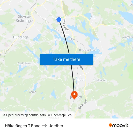 Hökarängen T-Bana to Jordbro map