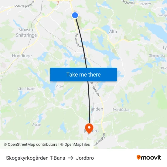 Skogskyrkogården T-Bana to Jordbro map